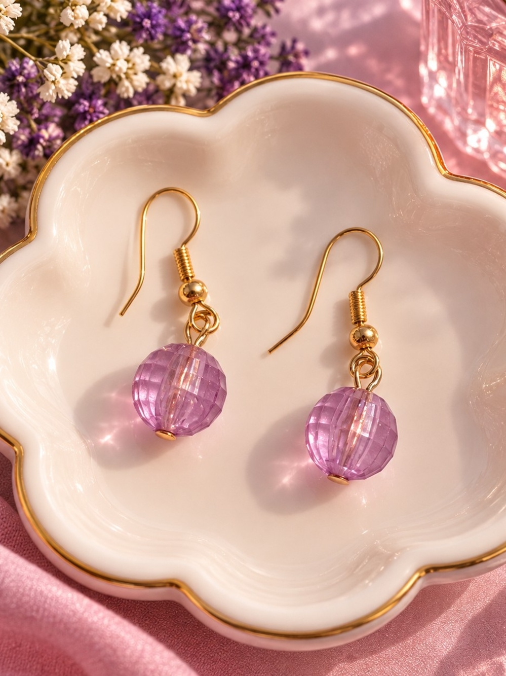 Gold Drop Earrings with Lavender Crystal Beads New